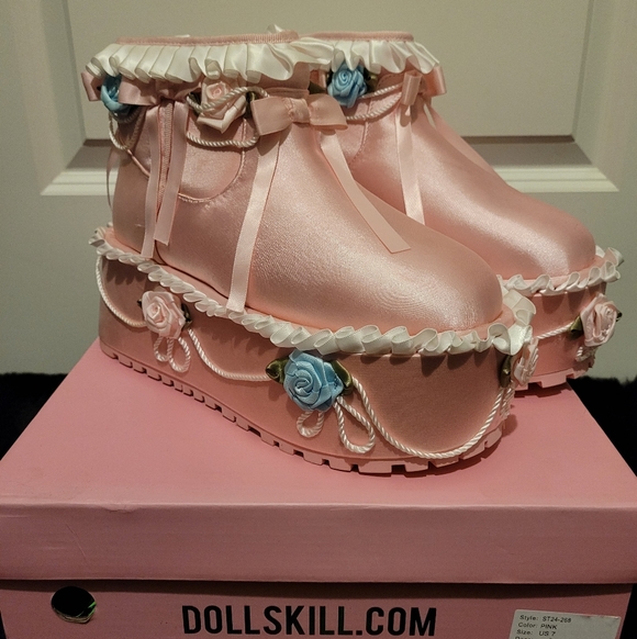 Sugar Thrillz Pink Satin Fugg Boots With Cake Style Decor - Picture 2 of 7